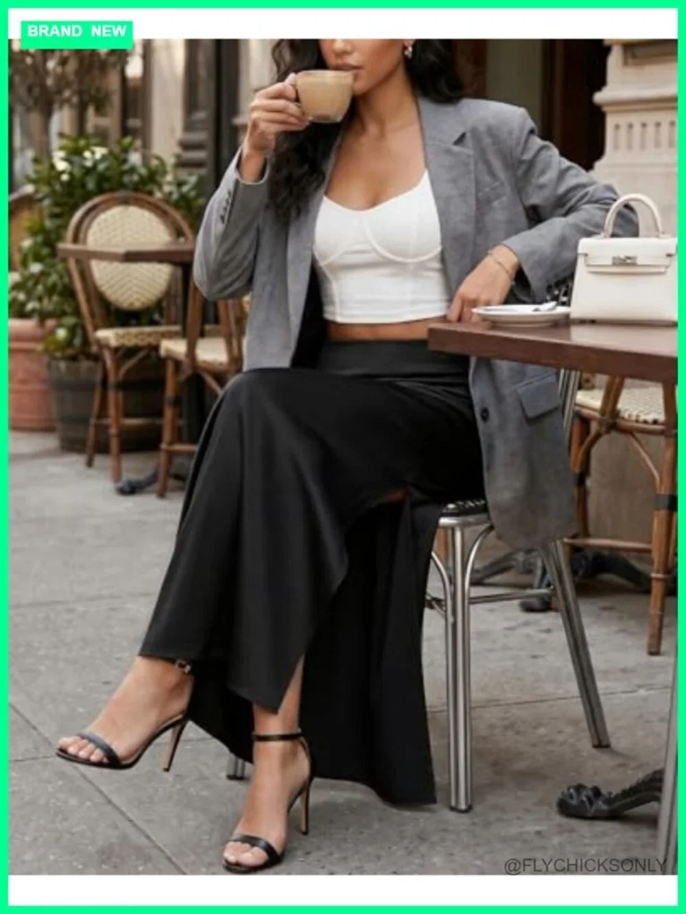 Satin High Waisted Side Split Maxi Skirt Elastic Waistband A-Line